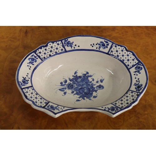 234 - Antique French blue and white barber's bowl, approx 6cm H x 26cm W x 20cm D