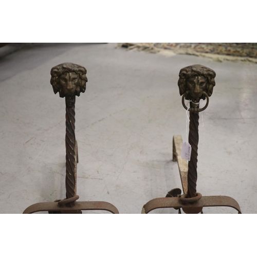 239 - Pair of French antique Lion head andirons, each approx 45cm H x 42cm D (2)