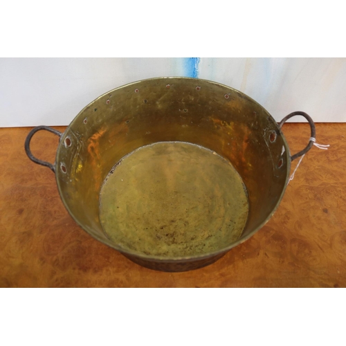 246 - French antique brass twin handled pan, approx 15cm H (ex handles) x 31cm Dia