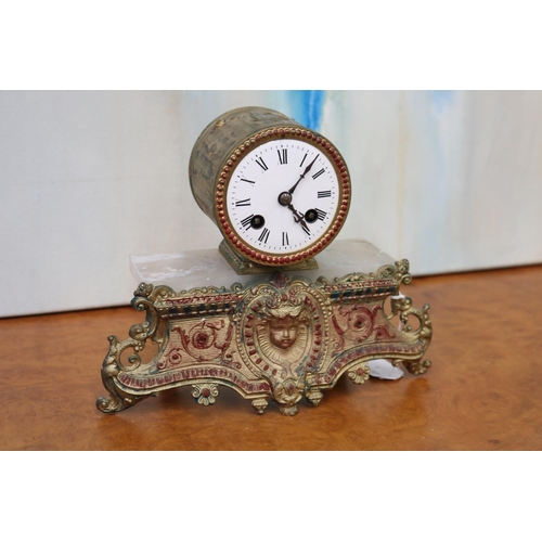 250 - Antique alabaster and bronze drum form clock, no key, has pendulum, unknown working order, approx 21... 