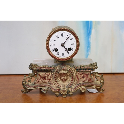 250 - Antique alabaster and bronze drum form clock, no key, has pendulum, unknown working order, approx 21... 