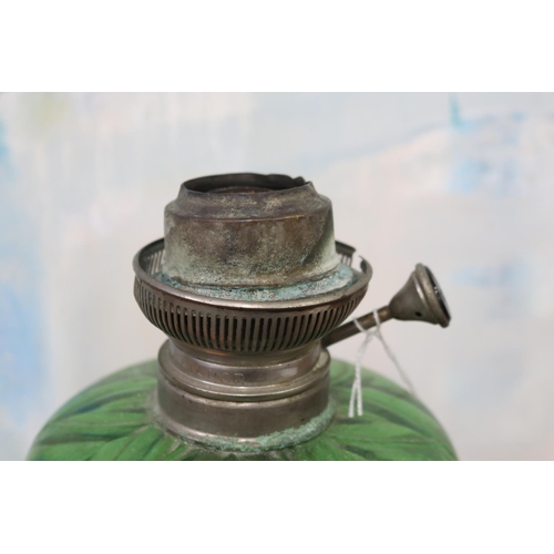 252 - Antique French green glass reservoir oil lamp, approx 60cm H