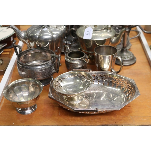 311 - Assortment of silver plate to include tray, teapots, coffee pot, candelabra, etc, approx 25cm and sh... 