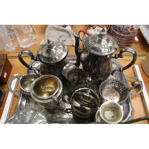 311 - Assortment of silver plate to include tray, teapots, coffee pot, candelabra, etc, approx 25cm and sh... 