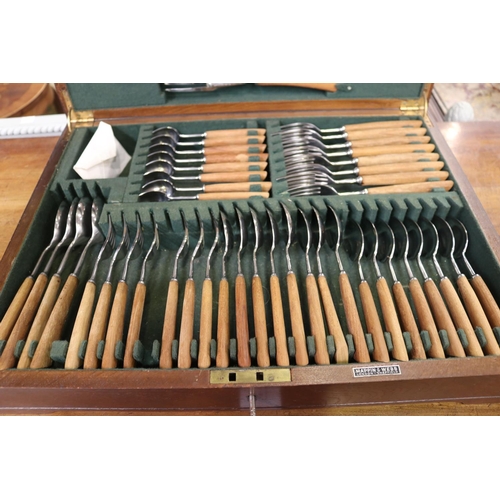 317 - Cased Mappin and Webb stainless steel and wooden handle cutlery, missing one fork, approx 10cm H x 5... 