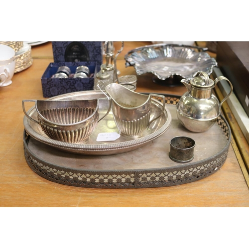 319 - Assortment of silver plate to include tray, vase, milk and sugar, etc, approx 39cm W and smaller