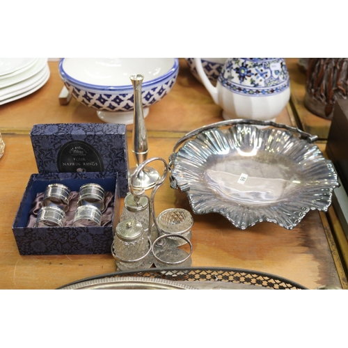 319 - Assortment of silver plate to include tray, vase, milk and sugar, etc, approx 39cm W and smaller