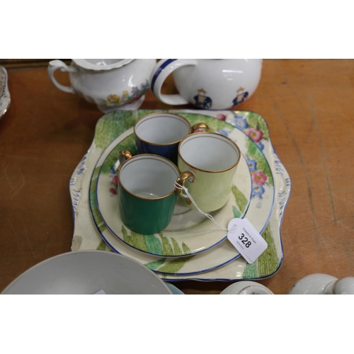 328 - Assortment of porcelain to include teapot, plates, cups, saucers, etc, approx 24cm W and smaller