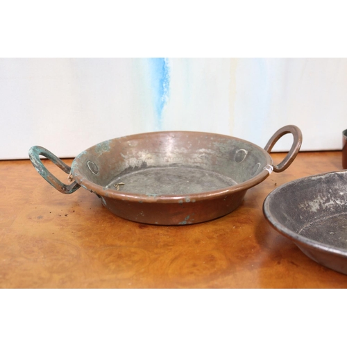 340 - Three French copper items to include saucepan, twin handled pan and another pan, approx 33cm x 22cm ... 