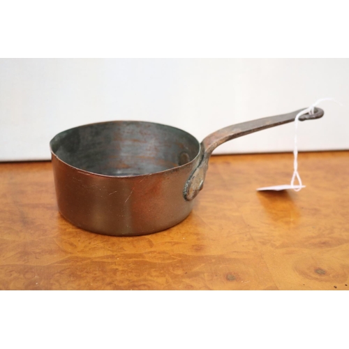 340 - Three French copper items to include saucepan, twin handled pan and another pan, approx 33cm x 22cm ... 