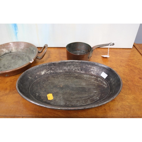 340 - Three French copper items to include saucepan, twin handled pan and another pan, approx 33cm x 22cm ... 