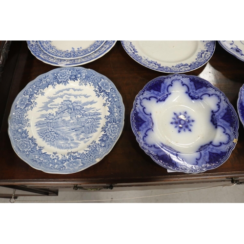 342 - Assortment of antique and vintage blue and white plates, soup bowls, approx 26cm Dia and smaller