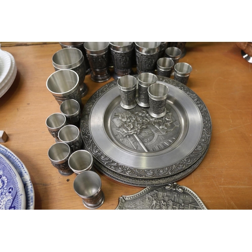 344 - Good assortment of pewter to include clock, tumblers, plates etc, approx 33cm H x 23cm W and smaller