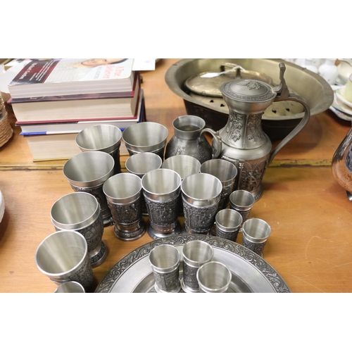 344 - Good assortment of pewter to include clock, tumblers, plates etc, approx 33cm H x 23cm W and smaller