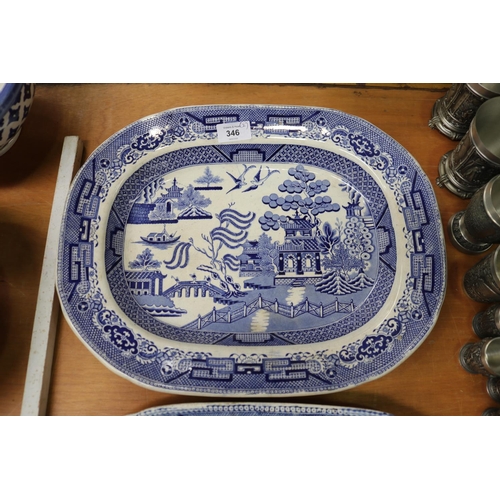 346 - Two antique English blue and white platters, AF, approx 45cm x 36cm and smaller  (2)