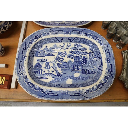 346 - Two antique English blue and white platters, AF, approx 45cm x 36cm and smaller  (2)