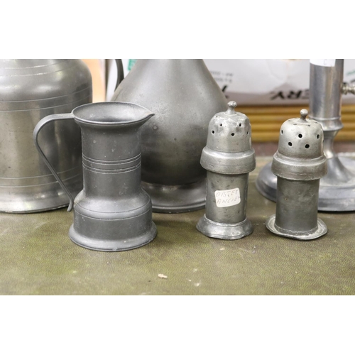 395 - Assortment of pewter to include salt and pepper, etc, approx 20cm H and shorter