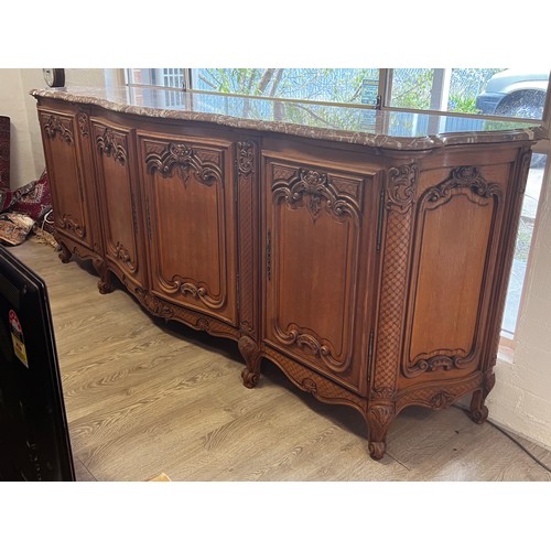 166 - Impressive large vintage French marble topped four door buffet, with well carved recessed panelled d... 