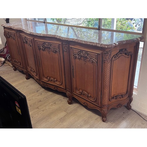 166 - Impressive large vintage French marble topped four door buffet, with well carved recessed panelled d... 