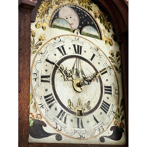 172 - Late 18th century Dutch oak wall clock, the painted dial with Roman numerals and Arabic minutes belo... 
