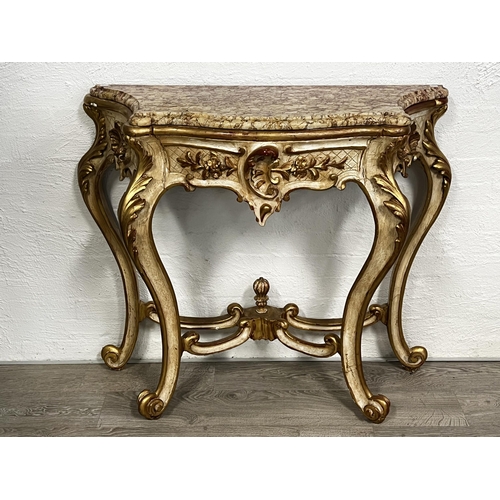 180 - Antique 19th century French painted and raised gilt gesso marble topped console, approx 102cm H x 11... 
