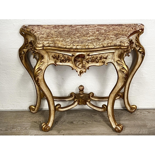 180 - Antique 19th century French painted and raised gilt gesso marble topped console, approx 102cm H x 11... 