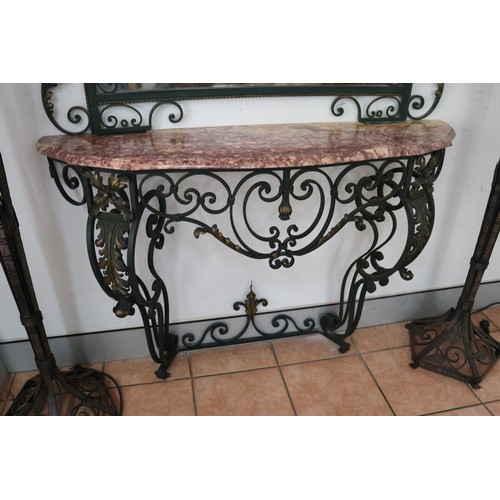 181 - French marble topped painted wrought iron console and mirror, approx 240cm H
