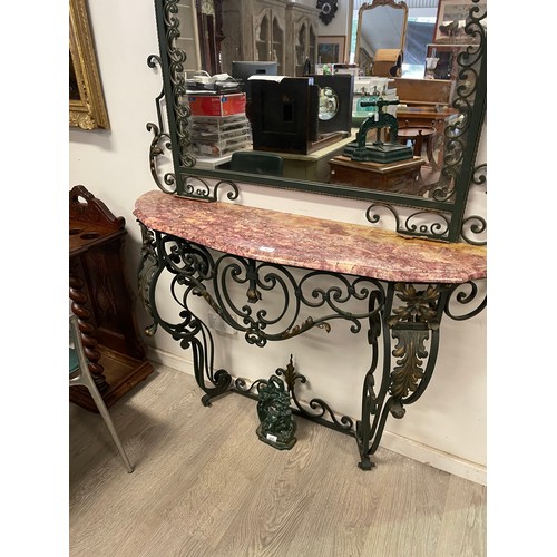 181 - French marble topped painted wrought iron console and mirror, approx 240cm H