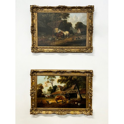 182 - French school, pair of farm yard scenes, Horses and other animals, oil on canvas, approx 40cm x 60cm... 
