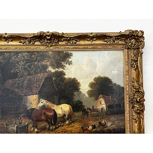 182 - French school, pair of farm yard scenes, Horses and other animals, oil on canvas, approx 40cm x 60cm... 