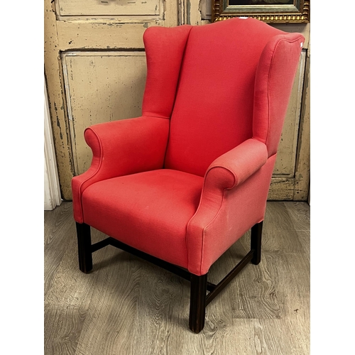 185 - English Georgian style winged armchair with pink upholstery