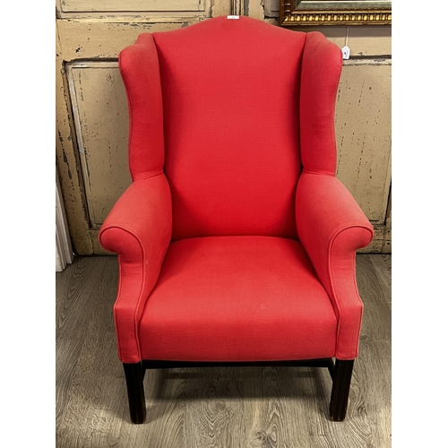 185 - English Georgian style winged armchair with pink upholstery
