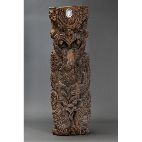 6 - Maori House Post Figure (Early-Mid 20th Century) New Zealand. Carved and engraved hardwood and abalo... 