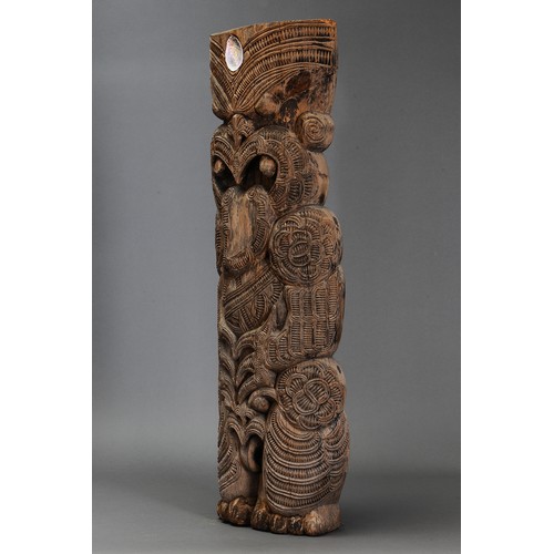 6 - Maori House Post Figure (Early-Mid 20th Century) New Zealand. Carved and engraved hardwood and abalo... 