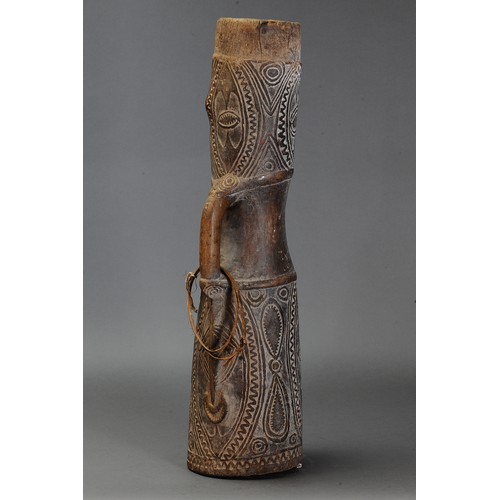 79 - Fine early Abelam Drum (Probably Stone Cut), Papua New Guinea. Carved and engraved hardwood and natu... 