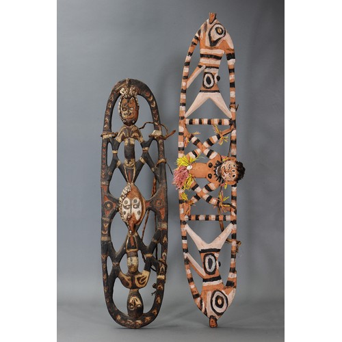 349 - Two openwork Sepik Carvings, Papua New Guinea. Carved and engraved hardwood, shell, fibre and natura... 