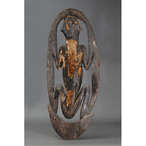 347 - Middle Sepik Panel with crouching female figure, Papua New Guinea. Carved and engraved hardwood. App... 