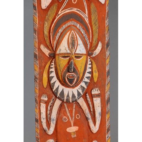 332 - Abelam Panel with face and bird above, Maprik, Papua New Guinea. Carved and engraved hardwood and na... 