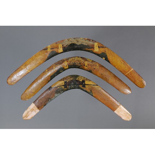 169 - Three early LA PEROUSE Boomerangs, Sydney, NEW SOUTH WALES. Carved and engraved wood and natural pig... 