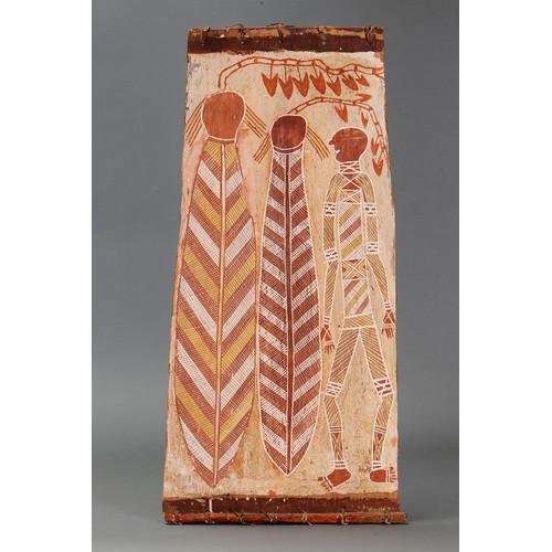 190 - ARTIST UNKNOWN, Figure with Yams. Natural earth pigments on eucalyptus bark. Approx L80.5 x 38cm. PR... 