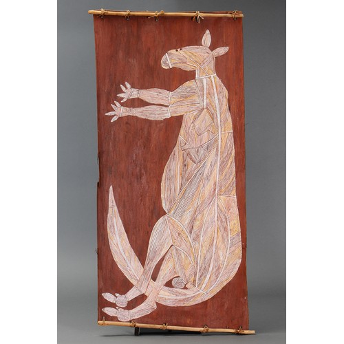 215 - Billy Dullman, Plains Kangaroo. Natural earth pigments on eucalyptus bark. Approx L103 x 48cm. PROVE... 