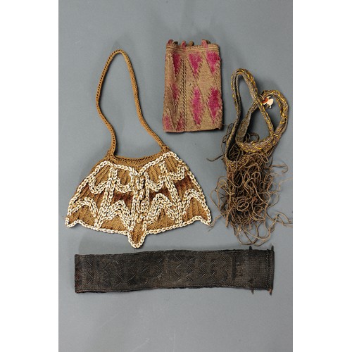 232 - A Collection of Four woven items, Middle Sepik, Papua New Guinea. Woven natural fibre, nasser shells... 