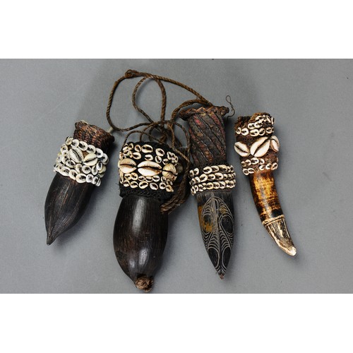 235 - A Collection of Four Penis Sheath’s (with Shells and one with Crocodile Tooth, Papua New Guinea. Car... 