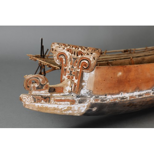 244 - Fine Massim Model Canoe, Trobriand Islands, Papua New Guinea. Carved and engraved wood, fibre and na... 