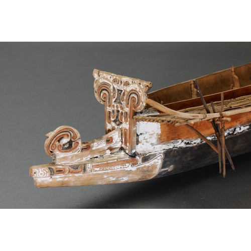 244 - Fine Massim Model Canoe, Trobriand Islands, Papua New Guinea. Carved and engraved wood, fibre and na... 