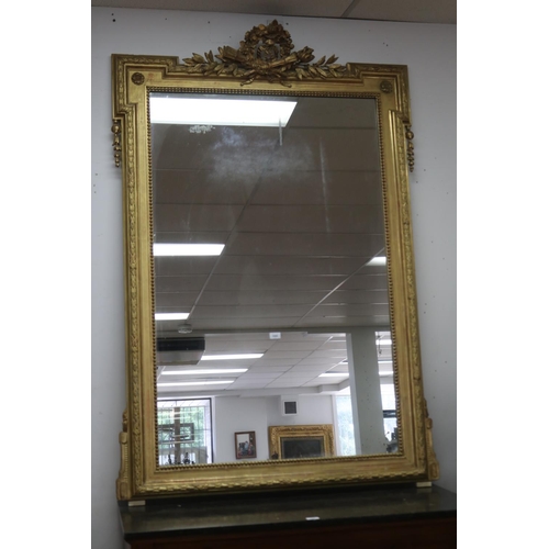 1003 - Fine antique 19th century French gilt surround salon mirror, elaborate crest with crossed torch and ... 