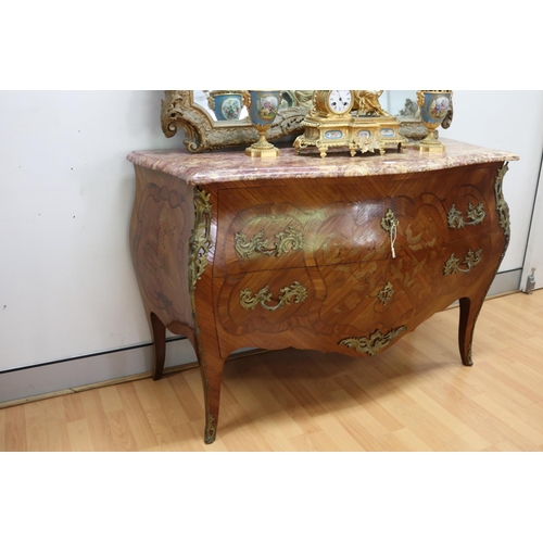 1004 - French Louis XV style bombe floral marquetry, marble topped commode, approx 86cm H x 131cm W x 54cm ... 