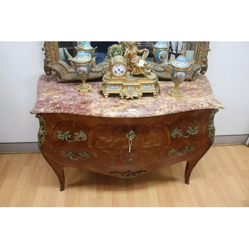 1004 - French Louis XV style bombe floral marquetry, marble topped commode, approx 86cm H x 131cm W x 54cm ... 