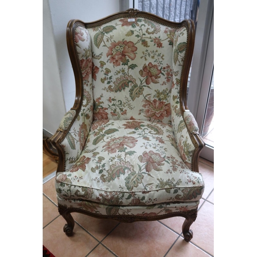 1007 - Good vintage French Louis XV style wing salon armchair, studded trim upholstery, approx 102cm H x 72... 