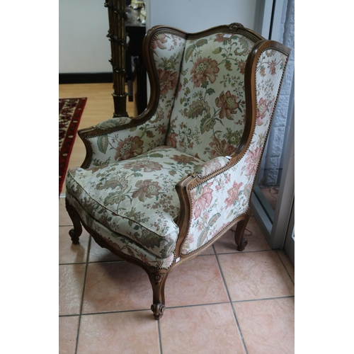 1007 - Good vintage French Louis XV style wing salon armchair, studded trim upholstery, approx 102cm H x 72... 